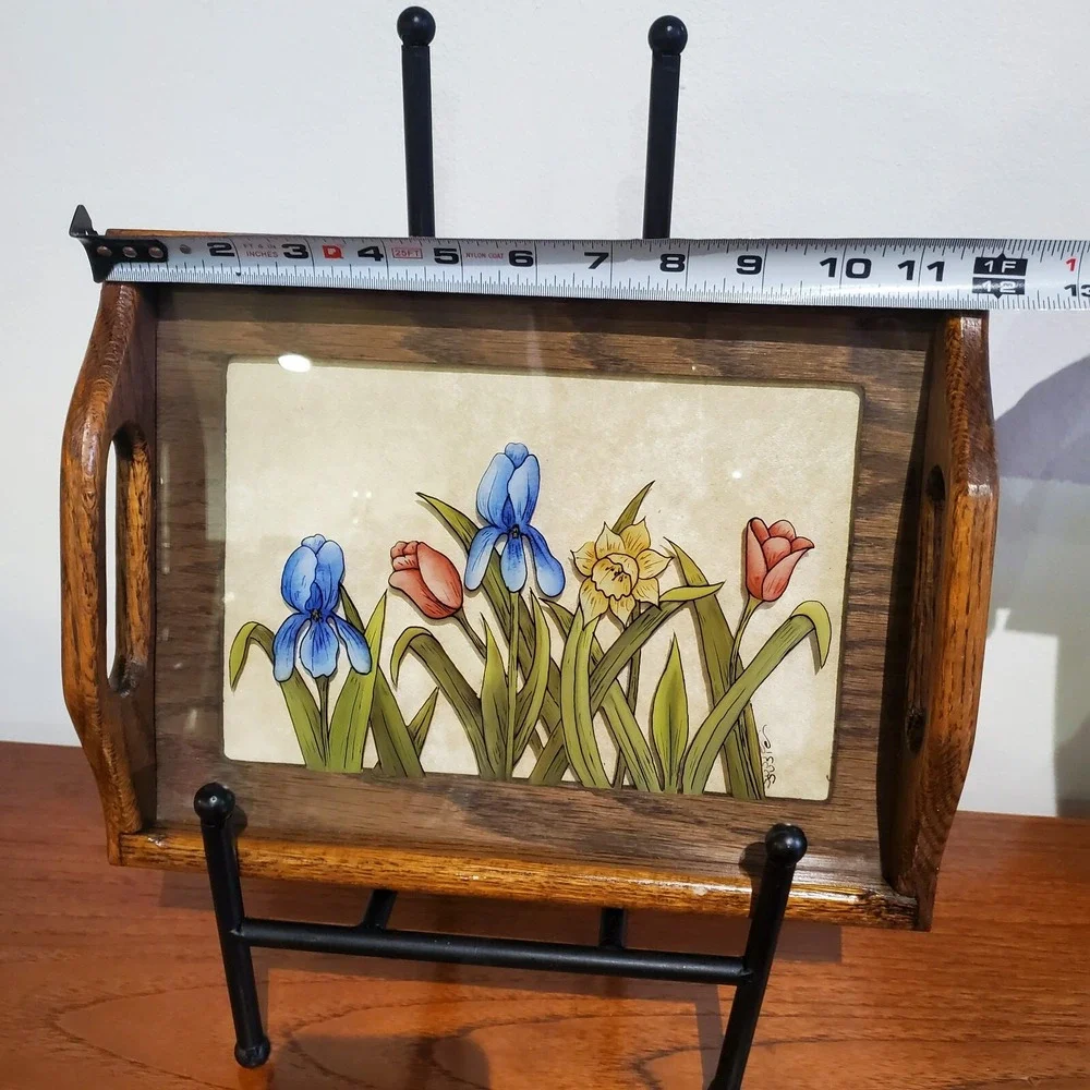 Reverse-Painted glass floral‎ wooden tray by Susie Kostka